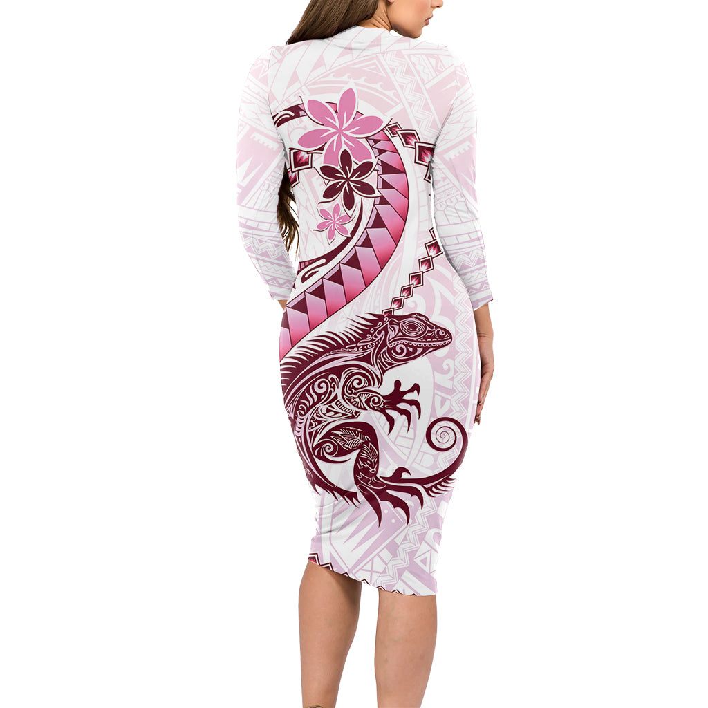 Pink Maori Tuatara Long Sleeve Bodycon Dress Luxury Pastel Pattern