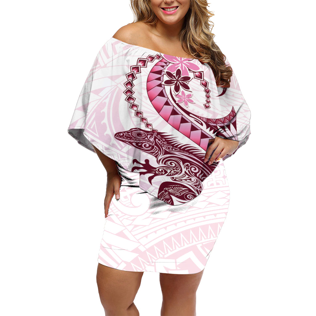 Pink Maori Tuatara Off Shoulder Short Dress Luxury Pastel Pattern