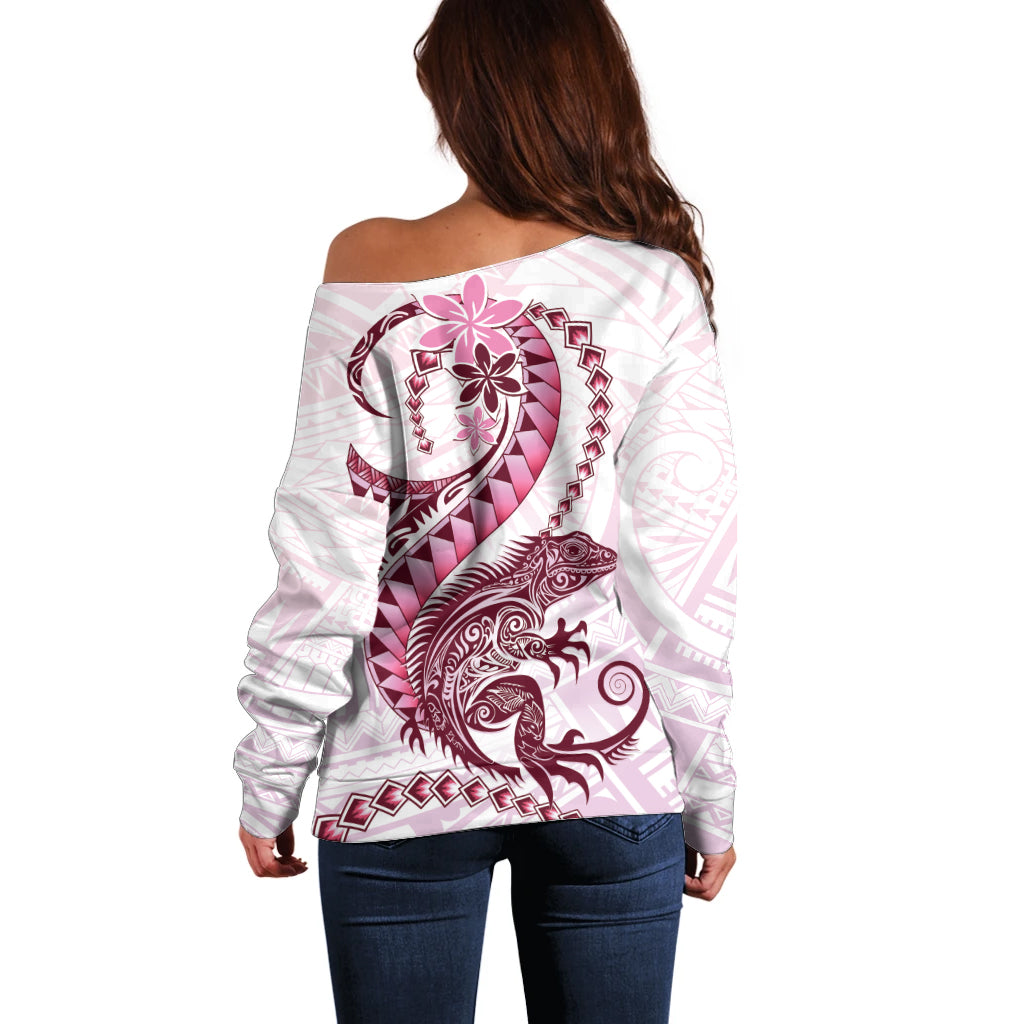 Pink Maori Tuatara Off Shoulder Sweater Luxury Pastel Pattern