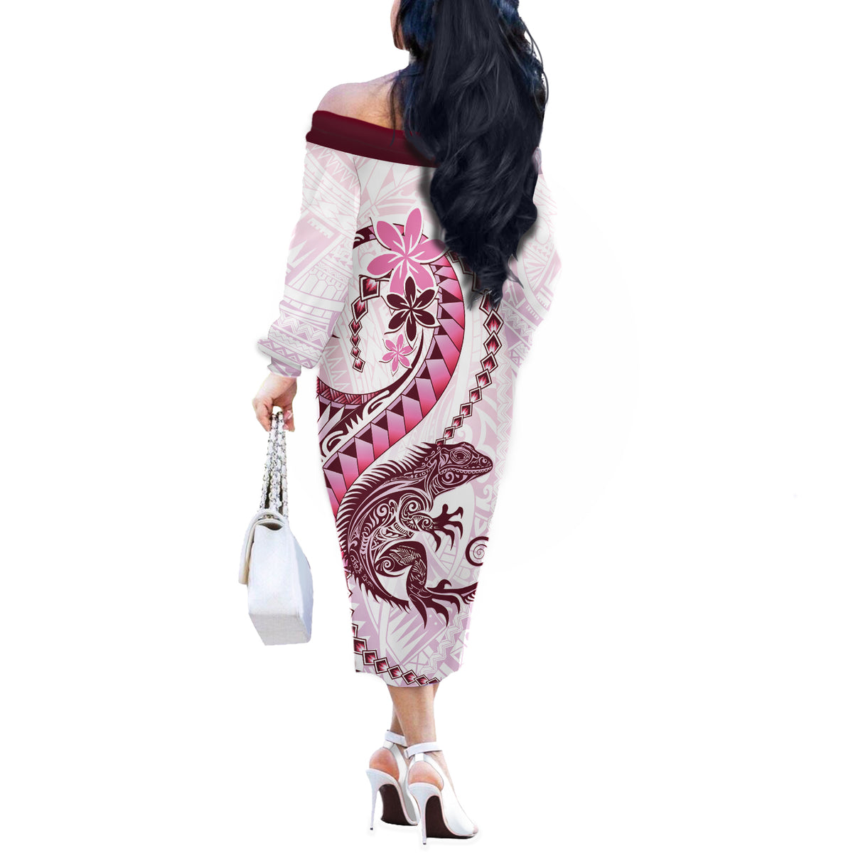Pink Maori Tuatara Off The Shoulder Long Sleeve Dress Luxury Pastel Pattern