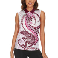 Pink Maori Tuatara Women Sleeveless Polo Shirt Luxury Pastel Pattern