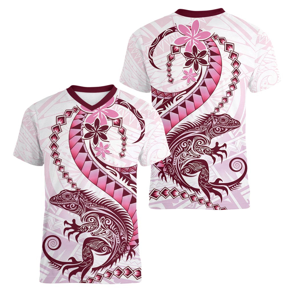 Pink Maori Tuatara Women V-Neck T-Shirt Luxury Pastel Pattern