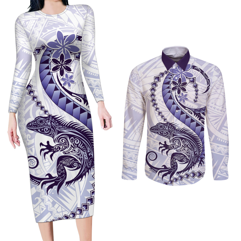 Purple Maori Tuatara Couples Matching Long Sleeve Bodycon Dress and Long Sleeve Button Shirt Luxury Pastel Pattern LT01 Purple - Polynesian Pride
