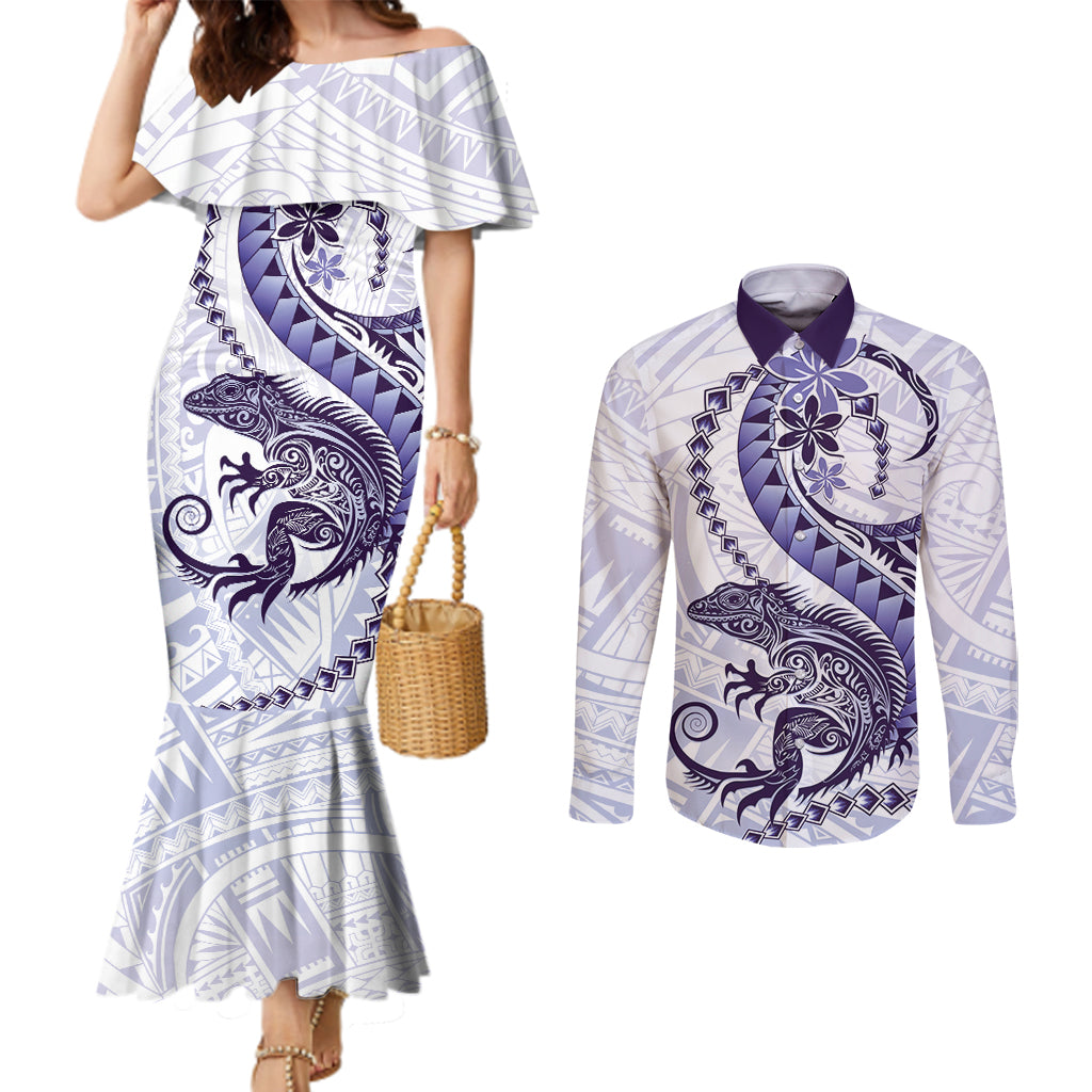 Purple Maori Tuatara Couples Matching Mermaid Dress and Long Sleeve Button Shirt Luxury Pastel Pattern LT01 Purple - Polynesian Pride
