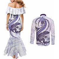 Purple Maori Tuatara Couples Matching Mermaid Dress and Long Sleeve Button Shirt Luxury Pastel Pattern