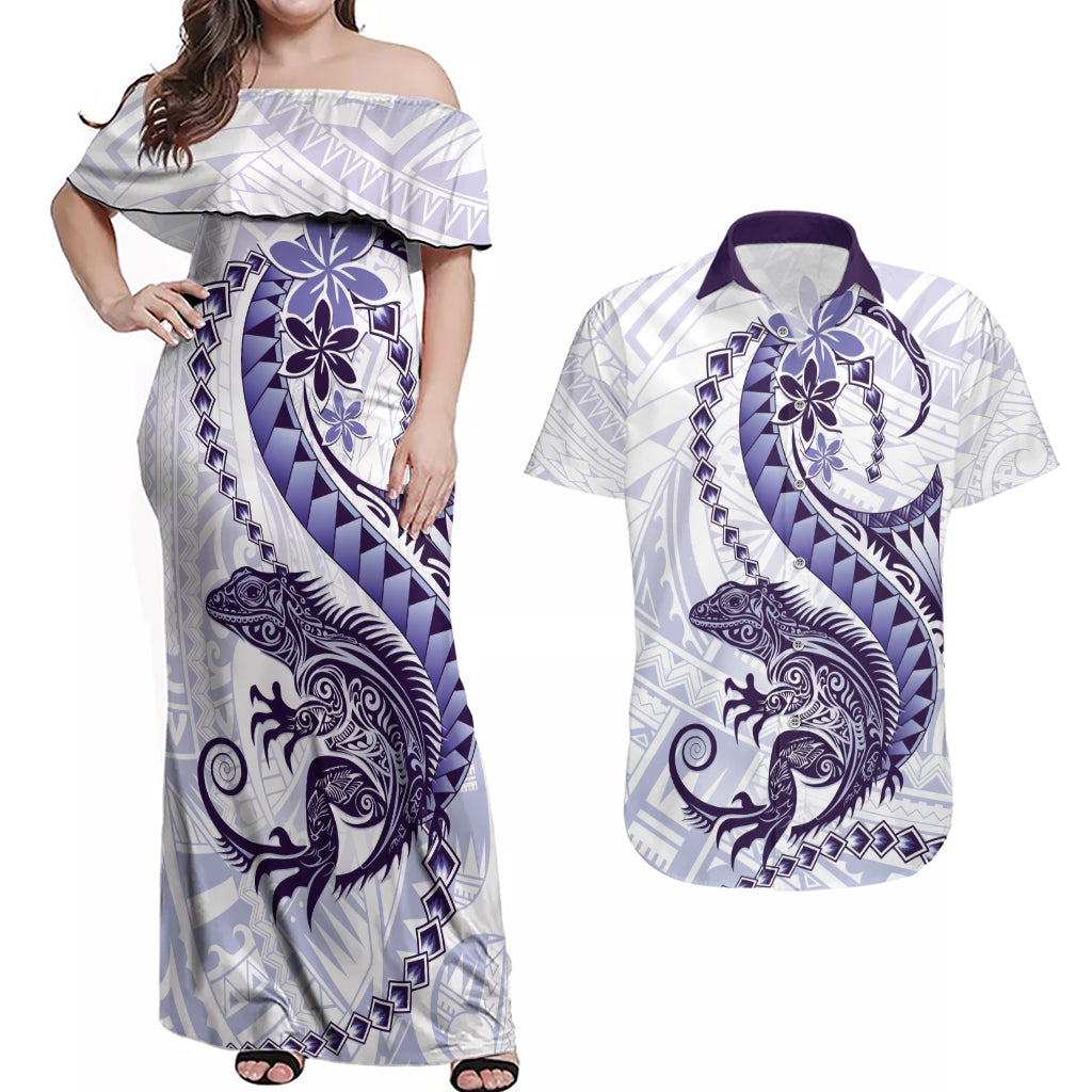 Purple Maori Tuatara Couples Matching Off Shoulder Maxi Dress and Hawaiian Shirt Luxury Pastel Pattern LT01 Purple - Polynesian Pride