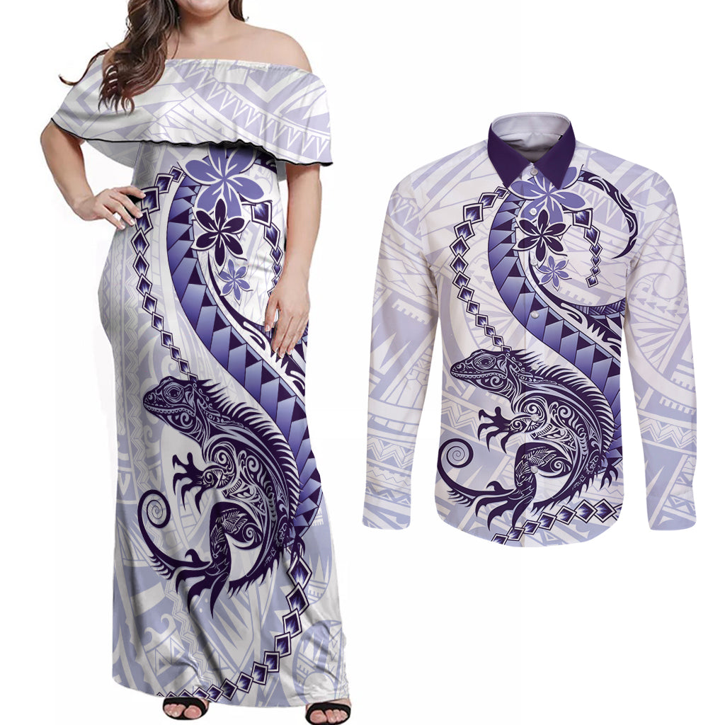 Purple Maori Tuatara Couples Matching Off Shoulder Maxi Dress and Long Sleeve Button Shirt Luxury Pastel Pattern LT01 Purple - Polynesian Pride