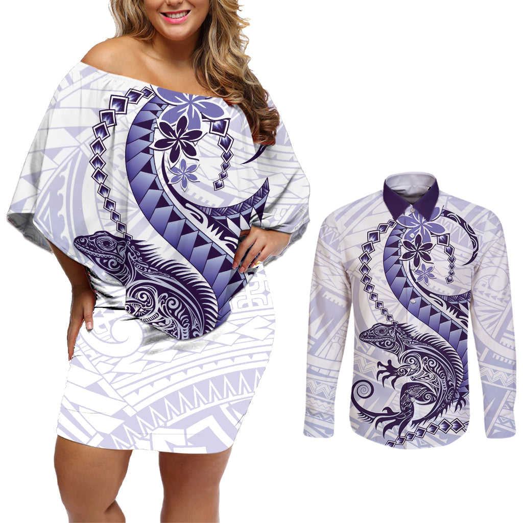 Purple Maori Tuatara Couples Matching Off Shoulder Short Dress and Long Sleeve Button Shirt Luxury Pastel Pattern LT01 Purple - Polynesian Pride