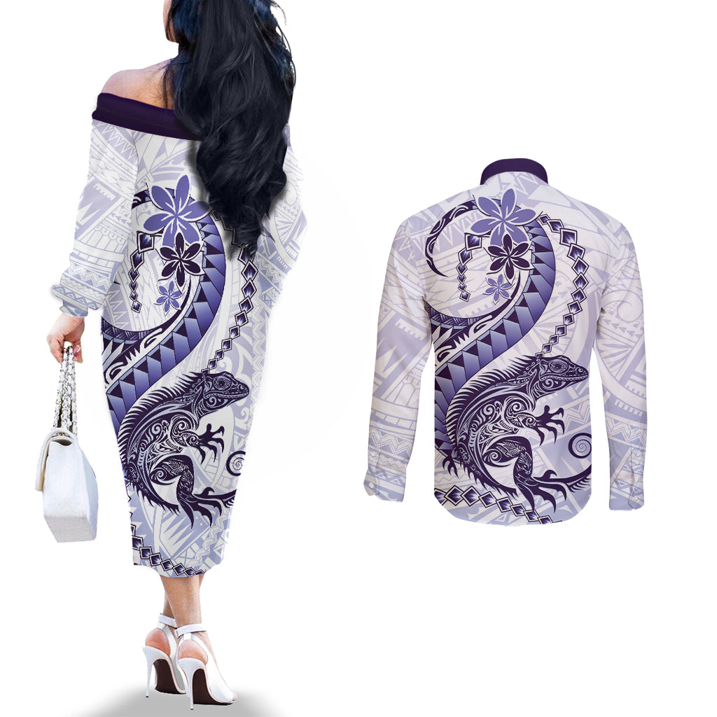 Purple Maori Tuatara Couples Matching Off The Shoulder Long Sleeve Dress and Long Sleeve Button Shirt Luxury Pastel Pattern LT01 - Polynesian Pride