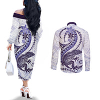 Purple Maori Tuatara Couples Matching Off The Shoulder Long Sleeve Dress and Long Sleeve Button Shirt Luxury Pastel Pattern LT01 - Polynesian Pride
