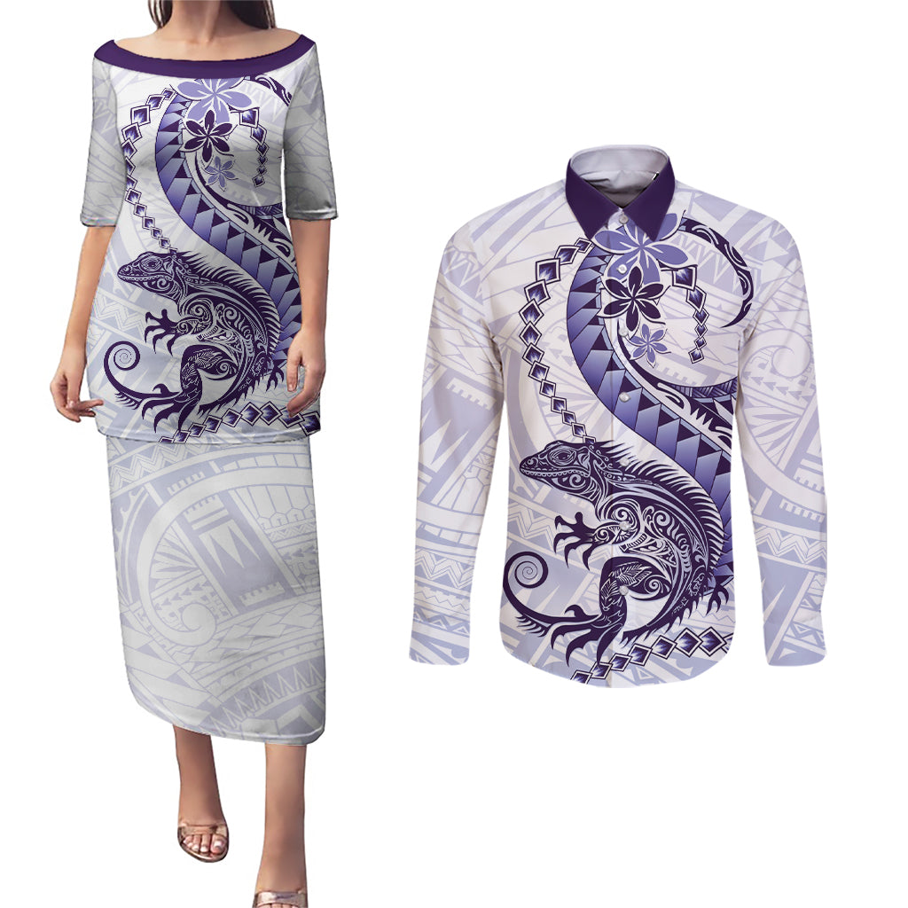 Purple Maori Tuatara Couples Matching Puletasi and Long Sleeve Button Shirt Luxury Pastel Pattern LT01 Purple - Polynesian Pride