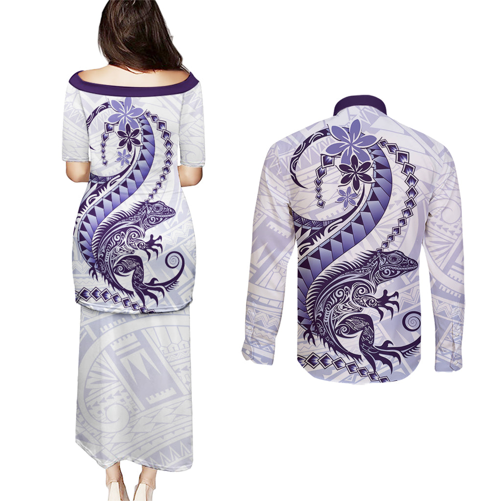 Purple Maori Tuatara Couples Matching Puletasi and Long Sleeve Button Shirt Luxury Pastel Pattern