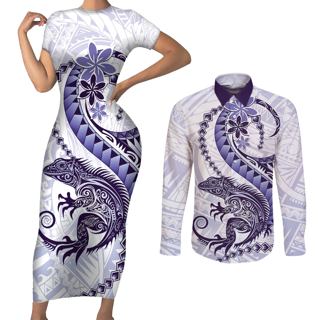 Purple Maori Tuatara Couples Matching Short Sleeve Bodycon Dress and Long Sleeve Button Shirt Luxury Pastel Pattern LT01 Purple - Polynesian Pride