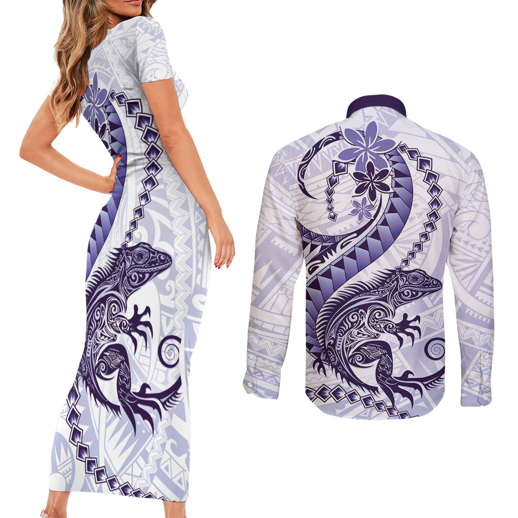Purple Maori Tuatara Couples Matching Short Sleeve Bodycon Dress and Long Sleeve Button Shirt Luxury Pastel Pattern