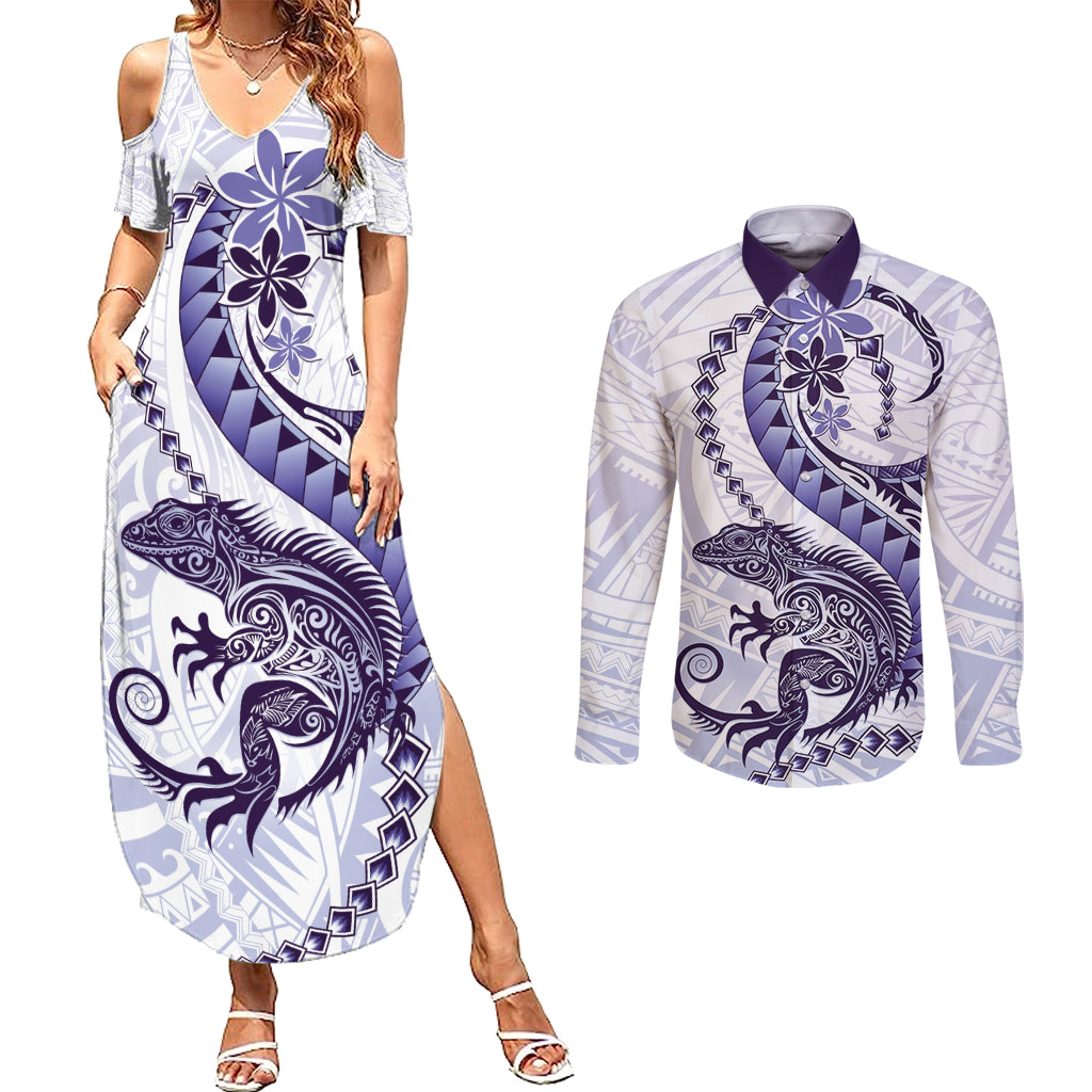 Purple Maori Tuatara Couples Matching Summer Maxi Dress and Long Sleeve Button Shirt Luxury Pastel Pattern LT01 Purple - Polynesian Pride
