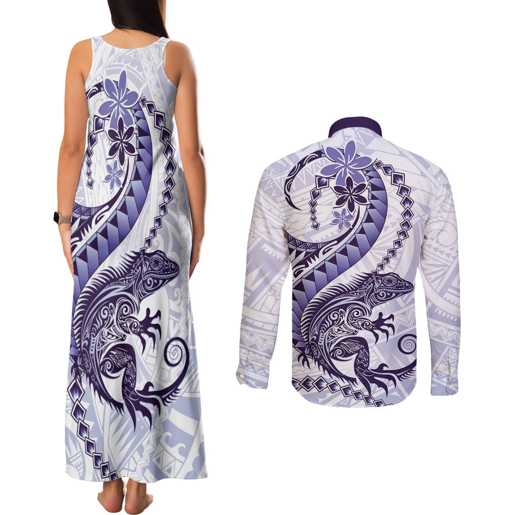 Purple Maori Tuatara Couples Matching Tank Maxi Dress and Long Sleeve Button Shirt Luxury Pastel Pattern
