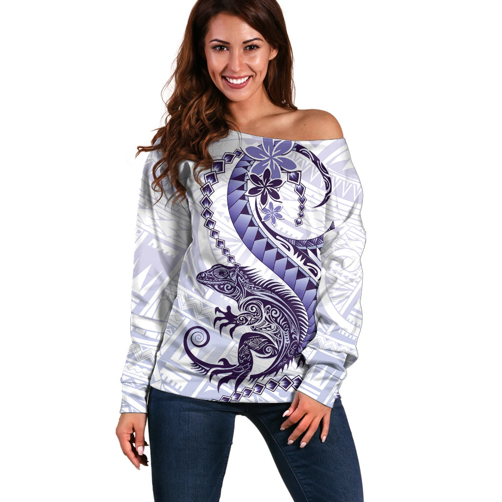 Purple Maori Tuatara Off Shoulder Sweater Luxury Pastel Pattern
