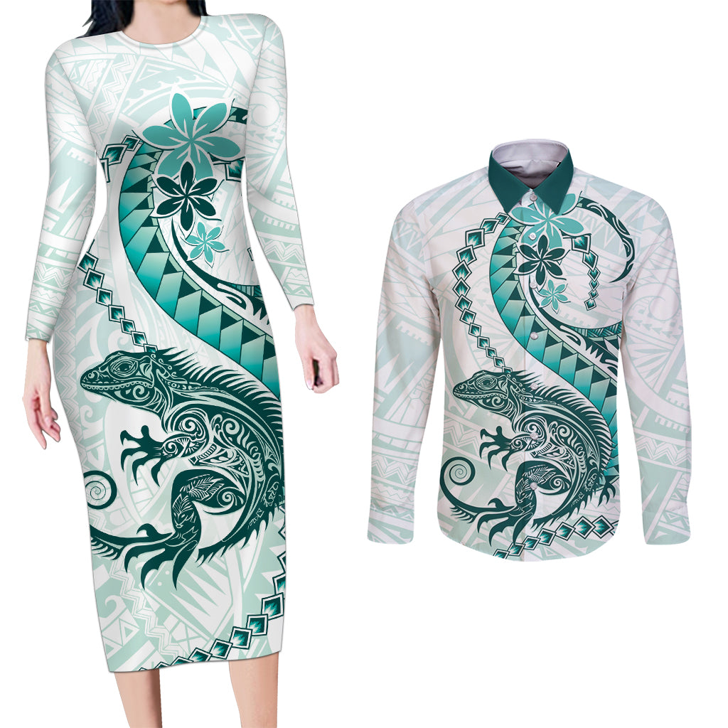 Teal Maori Tuatara Couples Matching Long Sleeve Bodycon Dress and Long Sleeve Button Shirt Luxury Pastel Pattern