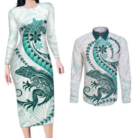 Teal Maori Tuatara Couples Matching Long Sleeve Bodycon Dress and Long Sleeve Button Shirt Luxury Pastel Pattern