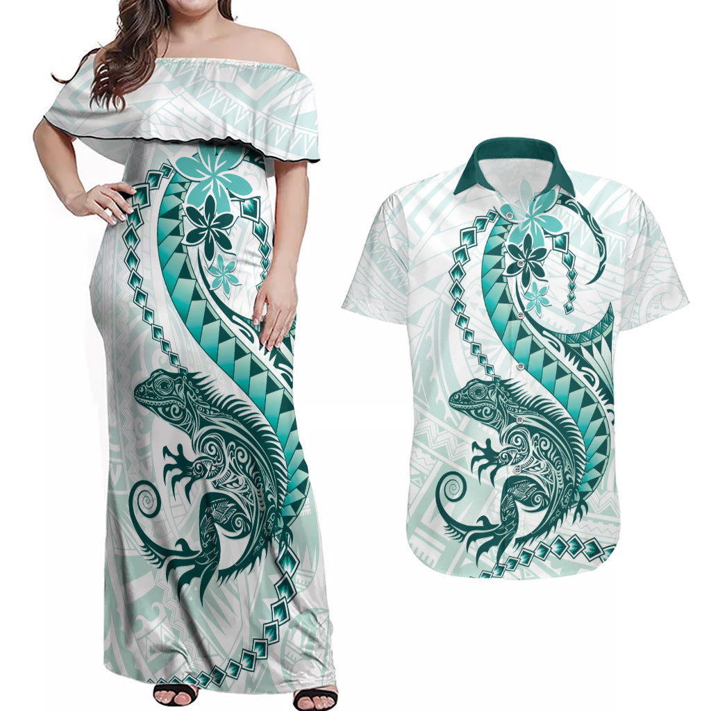 Teal Maori Tuatara Couples Matching Off Shoulder Maxi Dress and Hawaiian Shirt Luxury Pastel Pattern LT01 Teal - Polynesian Pride
