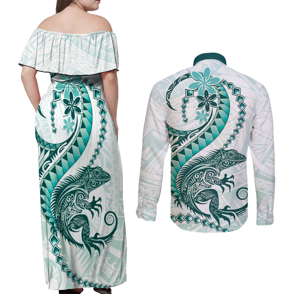 Teal Maori Tuatara Couples Matching Off Shoulder Maxi Dress and Long Sleeve Button Shirt Luxury Pastel Pattern