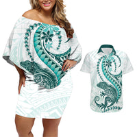 Teal Maori Tuatara Couples Matching Off Shoulder Short Dress and Hawaiian Shirt Luxury Pastel Pattern