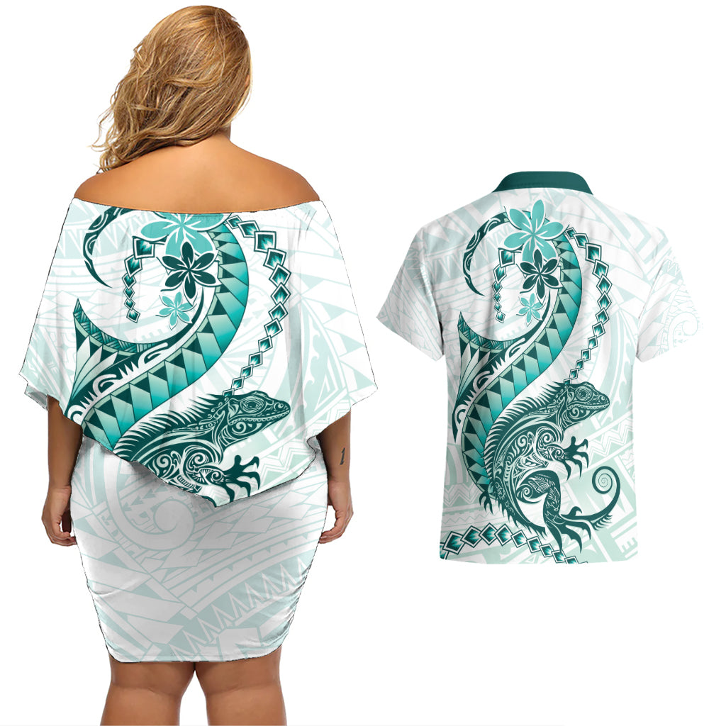 Teal Maori Tuatara Couples Matching Off Shoulder Short Dress and Hawaiian Shirt Luxury Pastel Pattern