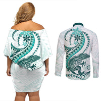 Teal Maori Tuatara Couples Matching Off Shoulder Short Dress and Long Sleeve Button Shirt Luxury Pastel Pattern