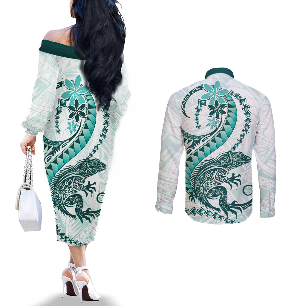 Teal Maori Tuatara Couples Matching Off The Shoulder Long Sleeve Dress and Long Sleeve Button Shirt Luxury Pastel Pattern