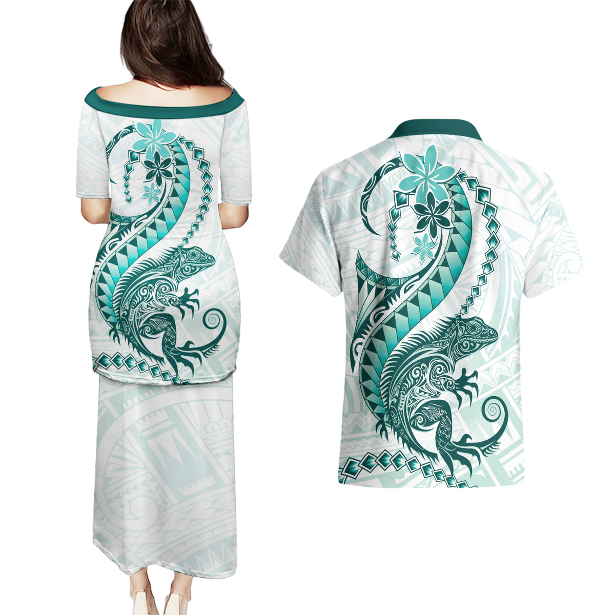 Teal Maori Tuatara Couples Matching Puletasi and Hawaiian Shirt Luxury Pastel Pattern LT01 - Polynesian Pride