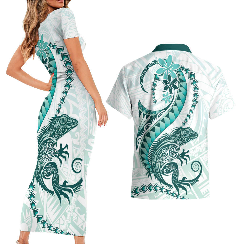 Teal Maori Tuatara Couples Matching Short Sleeve Bodycon Dress and Hawaiian Shirt Luxury Pastel Pattern