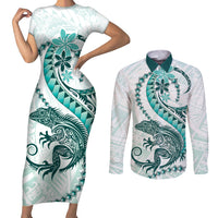 Teal Maori Tuatara Couples Matching Short Sleeve Bodycon Dress and Long Sleeve Button Shirt Luxury Pastel Pattern