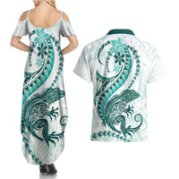 Teal Maori Tuatara Couples Matching Summer Maxi Dress and Hawaiian Shirt Luxury Pastel Pattern LT01 - Polynesian Pride