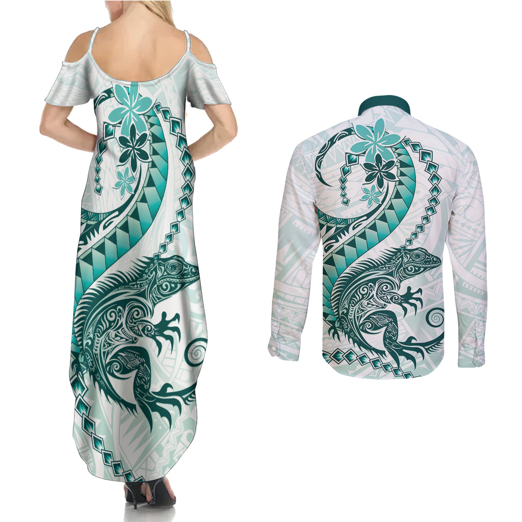 Teal Maori Tuatara Couples Matching Summer Maxi Dress and Long Sleeve Button Shirt Luxury Pastel Pattern