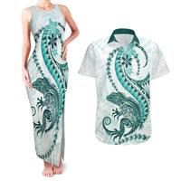 Teal Maori Tuatara Couples Matching Tank Maxi Dress and Hawaiian Shirt Luxury Pastel Pattern