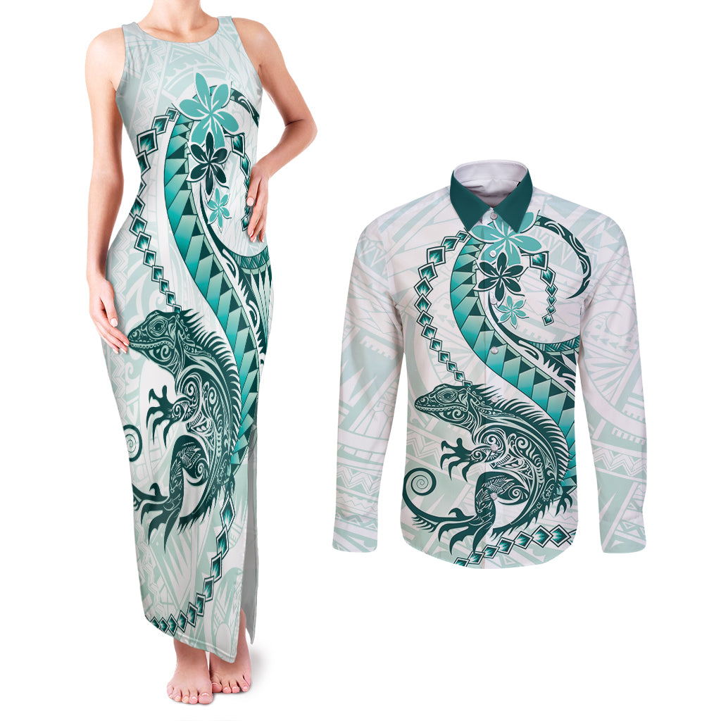 Teal Maori Tuatara Couples Matching Tank Maxi Dress and Long Sleeve Button Shirt Luxury Pastel Pattern