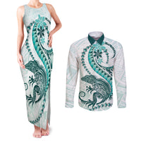 Teal Maori Tuatara Couples Matching Tank Maxi Dress and Long Sleeve Button Shirt Luxury Pastel Pattern