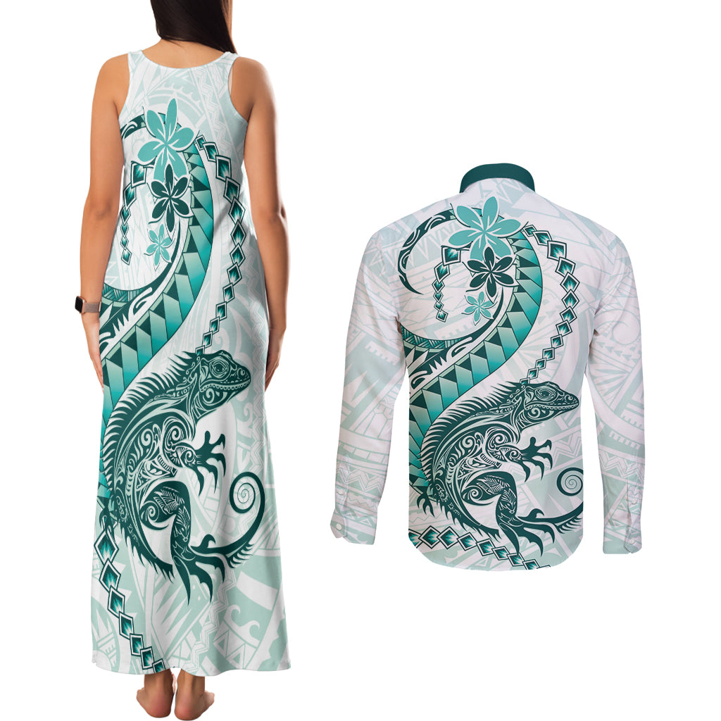 Teal Maori Tuatara Couples Matching Tank Maxi Dress and Long Sleeve Button Shirt Luxury Pastel Pattern