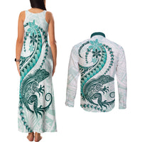 Teal Maori Tuatara Couples Matching Tank Maxi Dress and Long Sleeve Button Shirt Luxury Pastel Pattern