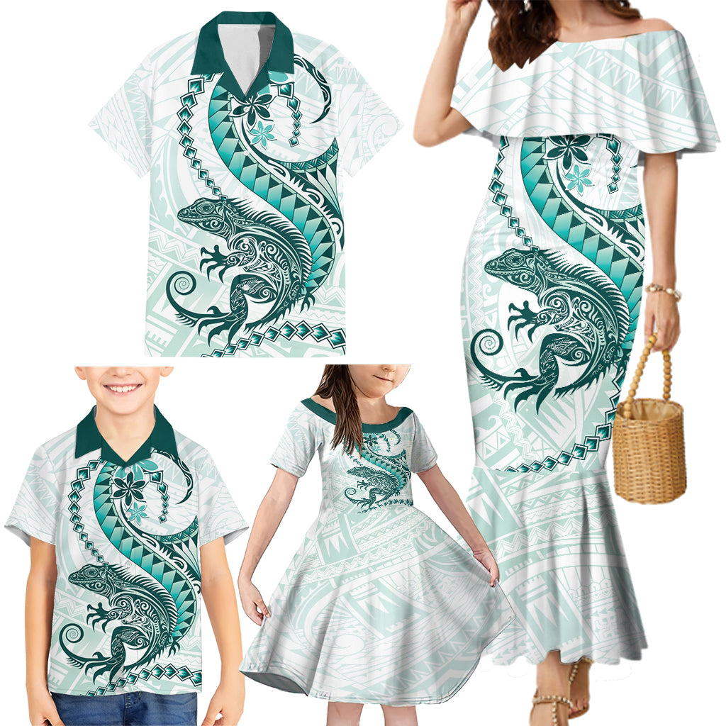 Teal Maori Tuatara Family Matching Mermaid Dress and Hawaiian Shirt Luxury Pastel Pattern