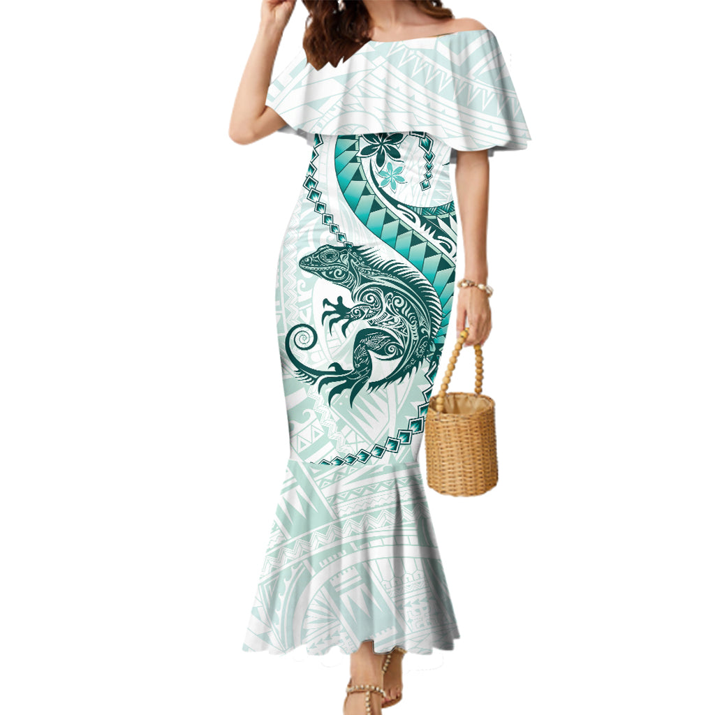 Teal Maori Tuatara Family Matching Mermaid Dress and Hawaiian Shirt Luxury Pastel Pattern
