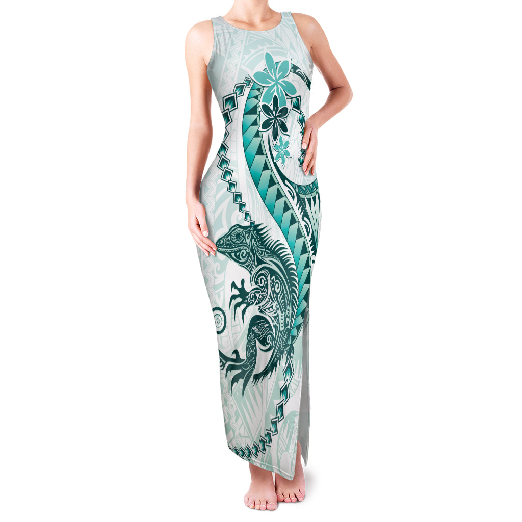 Teal Maori Tuatara Family Matching Tank Maxi Dress and Hawaiian Shirt Luxury Pastel Pattern