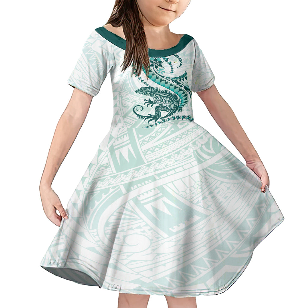 Teal Maori Tuatara Kid Short Sleeve Dress Luxury Pastel Pattern
