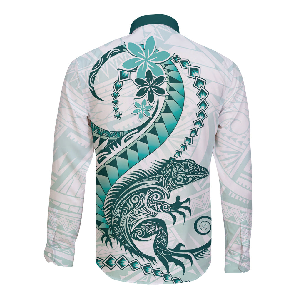 Teal Maori Tuatara Long Sleeve Button Shirt Luxury Pastel Pattern