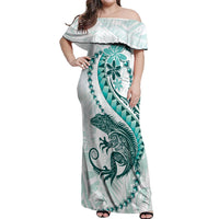 Teal Maori Tuatara Off Shoulder Maxi Dress Luxury Pastel Pattern LT01 Women Teal - Polynesian Pride