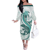 Teal Maori Tuatara Off The Shoulder Long Sleeve Dress Luxury Pastel Pattern