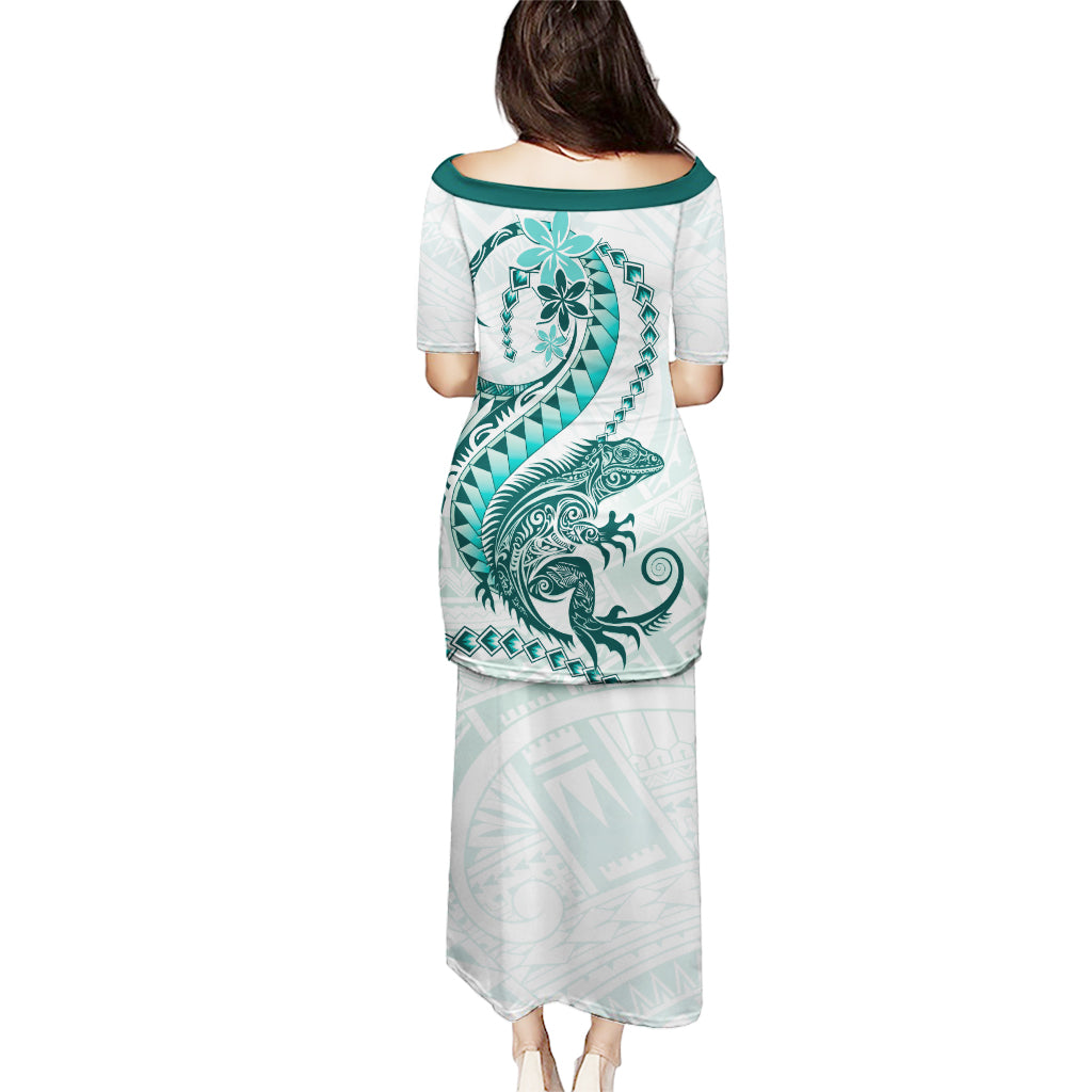 Teal Maori Tuatara Puletasi Luxury Pastel Pattern