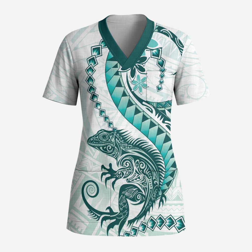 Teal Maori Tuatara Scrub Top Luxury Pastel Pattern LT01 Adult Teal - Polynesian Pride