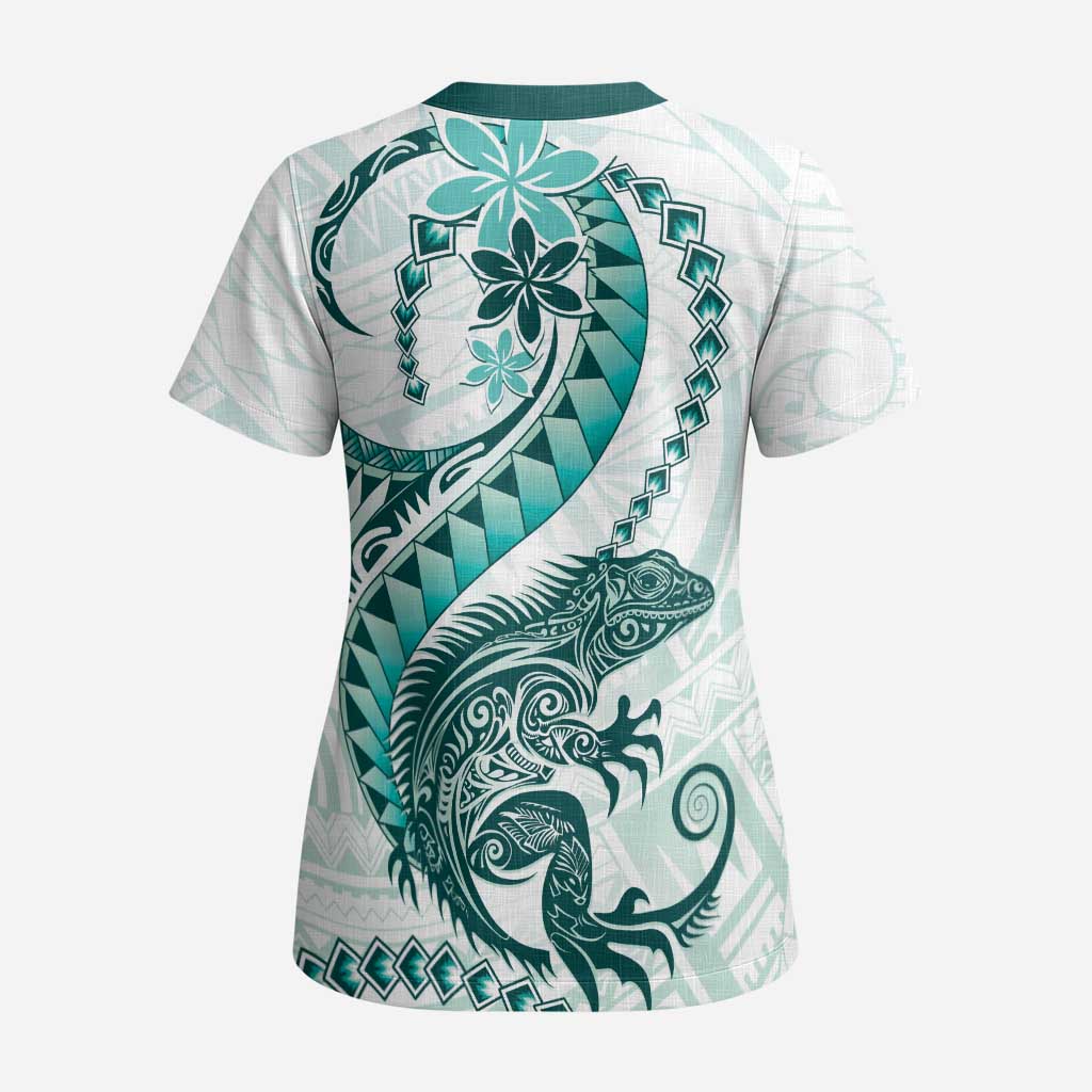Teal Maori Tuatara Scrub Top Luxury Pastel Pattern - Polynesian Pride