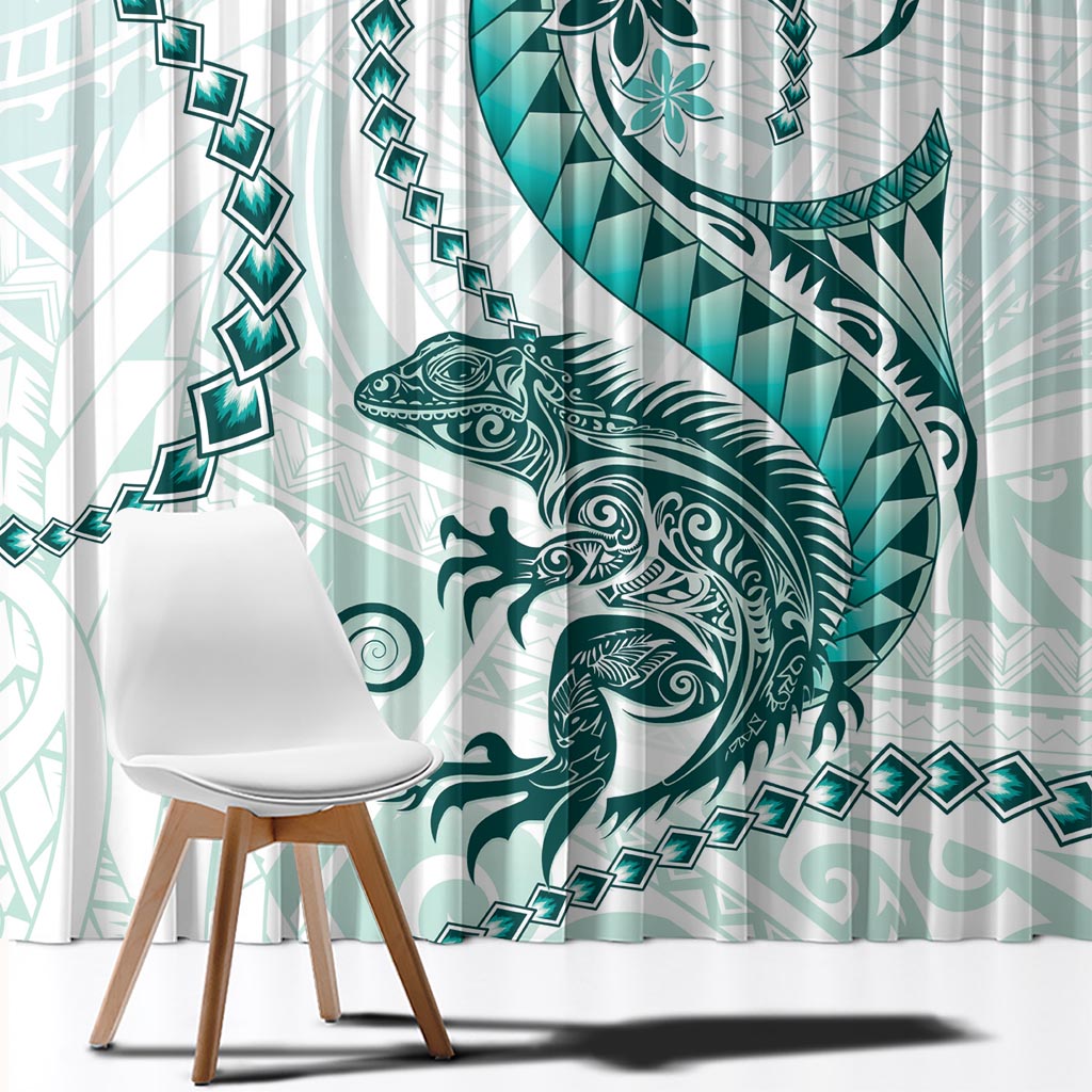 Teal Maori Tuatara Window Curtain Luxury Pastel Pattern